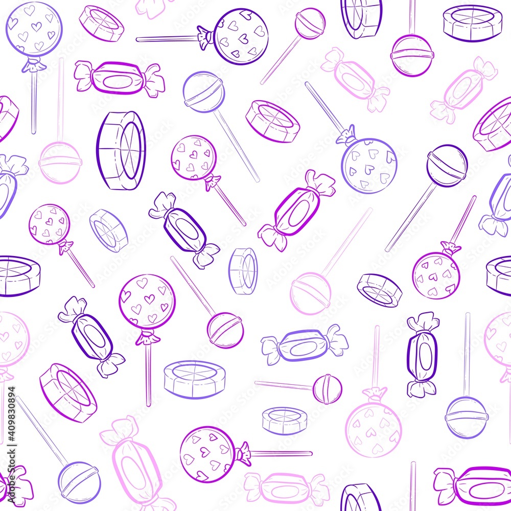 Purple and pink seamless pattern with lollipop and candy sketches. Repetitive party background with delicious sweets. Purple and pink seamless pattern with lollipop and candy sketches. Repetitive party background with delicious sweets.