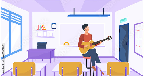 Man sings song. Guy sitting at school and playing guitar. Person creates music. Male character playing musical instrument. Musician plays strings on instrument. Guitarist teaches music class