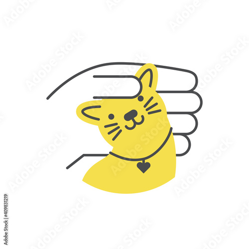 A logo consisting of a yellow cat and a gentle hand hug.