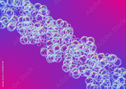Fizz background with shampoo foam and soap bubbles. 3d vector illustration layout. Multicolor spray and splash. Realistic water frame and border. Purple colorful liquid fizz.