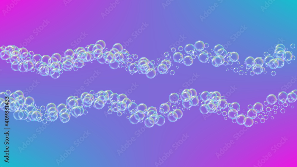 Soap foam. Detergent bath bubble and suds for bathtub. Shampoo. Multicolor fizz and splash. Realistic water frame and border. 3d vector illustration concept. Purple colorful liquid soap foam. Soap foam. Detergent bath bubble and suds for bathtub. Shampoo. Multicolor fizz and splash. Realistic water frame and border. 3d vector illustration concept. Purple colorful liquid soap foam.