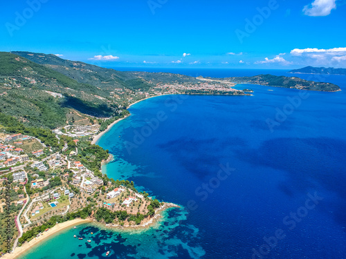 Fototapeta Naklejka Na Ścianę i Meble -  Aerial view over southern skiathos island, Greece with modern hotels and luxurious villas in Sporades, Greece,