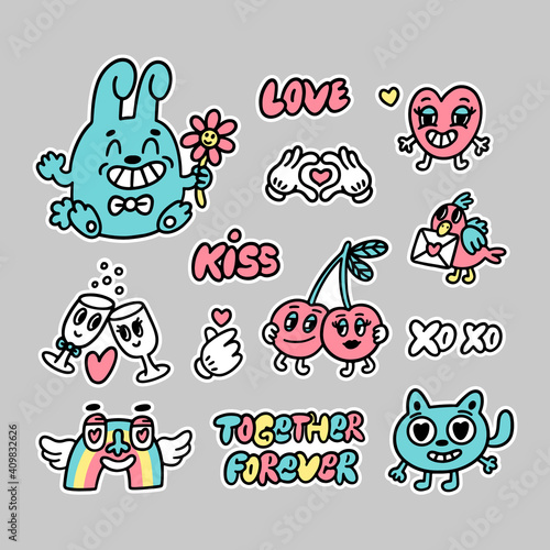 Fototapeta Naklejka Na Ścianę i Meble -  Collection of sticker for Valentine's Day. Funny cartoon characters and inscriptions in doodle style. Vector illustration isolated on gray background.