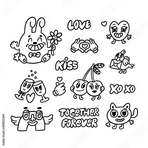 Fototapeta Naklejka Na Ścianę i Meble -  Set for Valentine's Day. Funny cartoon characters and inscriptions in doodle style. Vector illustration on a white background. Easy to color, the image has a white fill.