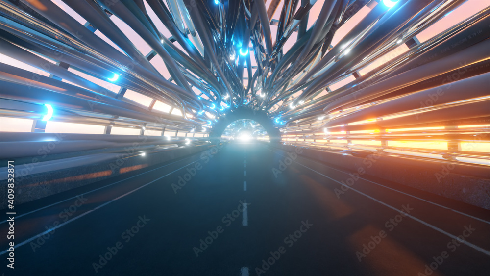 Naklejka premium Flying in a futuristic fiber optic tunnel with a road. Future technologies concept. Business background. Pleasant natural lighting. 3d illustration
