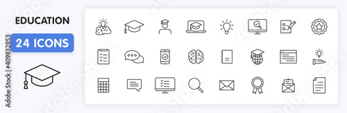 Set of 24 Education and Learning web icons in line style. School, university, textbook, learning. Vector illustration.