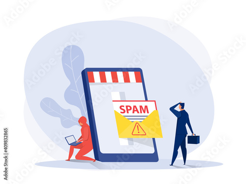 Businessman character holding his head from envelope with warning and alert notification. Spam Email vector illustrator.