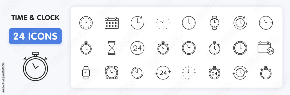 Set of 24 Time and clock web icons in line style. Timer, Speed, Alarm, Calendar. Vector illustration.