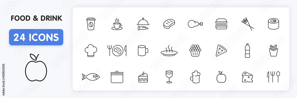 Fototapeta premium Set of 24 Food and Drink web icons in line style. Coffe, water, eat, restaurant, fastfood. Vector illustration.