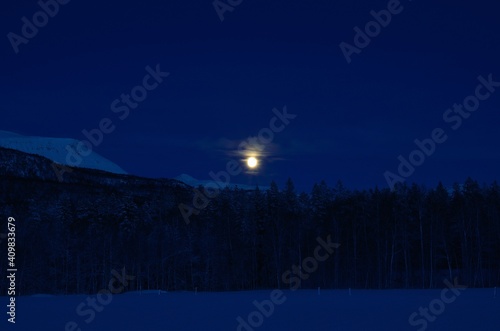 full moon on cold winter night sky over forest and field © Arcticphotoworks