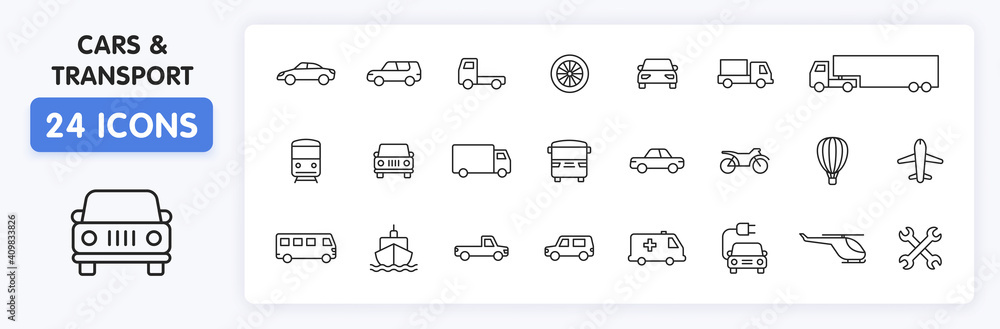 Set of 24 Cars and transport web icons in line style. Airplane, bus, parking, travel, train, comfortable. Vector illustration. Set of 24 Cars and transport web icons in line style. Airplane, bus, parking, travel, train, comfortable. Vector illustration.