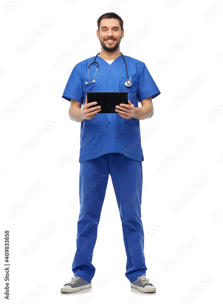 medicine, healthcare and technology concept - happy smiling doctor or male nurse in blue uniform with stethoscope using tablet pc computer over white background medicine, healthcare and technology concept - happy smiling doctor or male nurse in blue uniform with stethoscope using tablet pc computer over white background