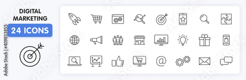 Set of 24 Digital Marketing web icons in line style. Social, networks, feedback, communication, marketing, ecommerce. Vector illustration.