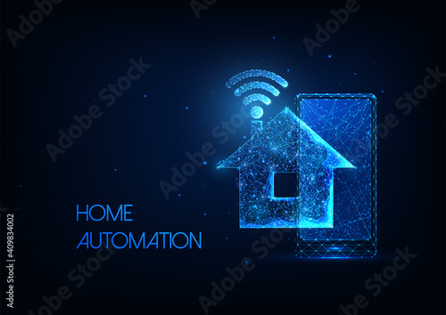 Futuristic smart house technology system concept with glowing low polygonal house, phone and wifi