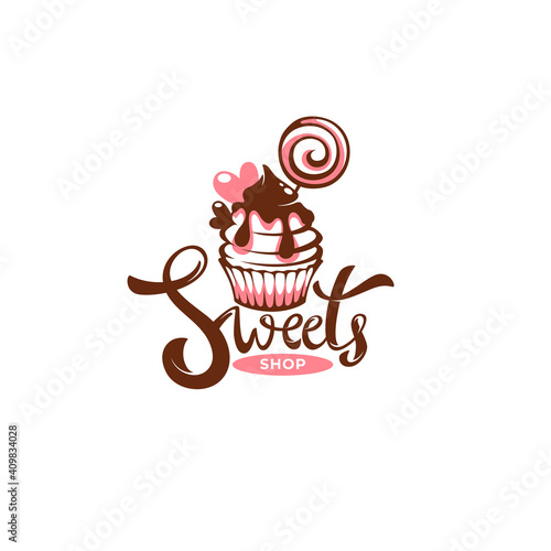 sweets shop logo with cupcake vector image and calligraphy composition