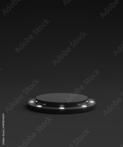 Black product background stand or winner podium pedestal on advertising neon display with blank backdrops. 3D rendering.