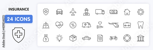 Set of 24 Insurance web icons in line style. Business, health, policy, tornado, flood, help. Vector illustration.