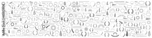Set of 400 design elements. Wreath, frames, calligraphic, swirls divider, laurel leaves, ornate, award, arrows. Decorative vintage line elements collection. Vector illustration.