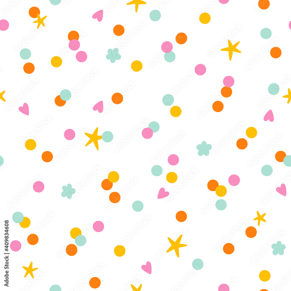 Colorful paper confetti with stars and hearts, vector pattern