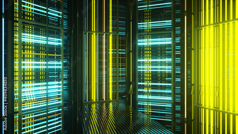 Obraz premium Bright neon lights in a metal room. Modern fluorescent light. Green yellow neon spectrum. 3d illustration