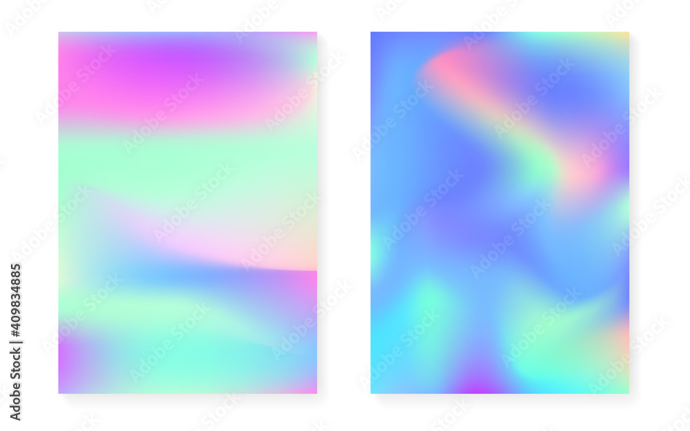 Holographic gradient background set with hologram cover. 90s, 80s retro style. Iridescent graphic template for brochure, banner, wallpaper, mobile screen. Fluorescent minimal holographic gradient.
