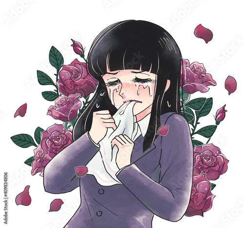 レトロ少女漫画風 ハンカチを噛んで悔しがる 大泣きのol 薔薇を背負う Stock Illustration Adobe Stock