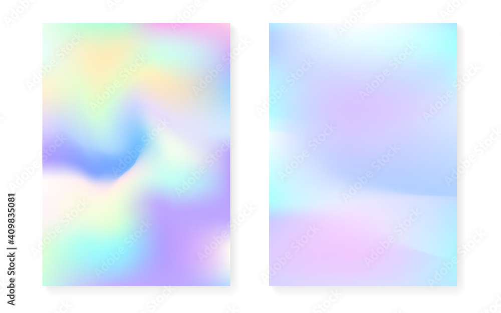 Holographic gradient background set with hologram cover. 90s, 80s retro style. Pearlescent graphic template for book, annual, mobile interface, web app. Hipster minimal holographic gradient.