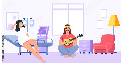 Man playing musical instrument sings with guitar for girl in hospital. Cartoon character creates music. Musician playing strings on instrument. Woman listens to singing. Male bard sits with ukulele
