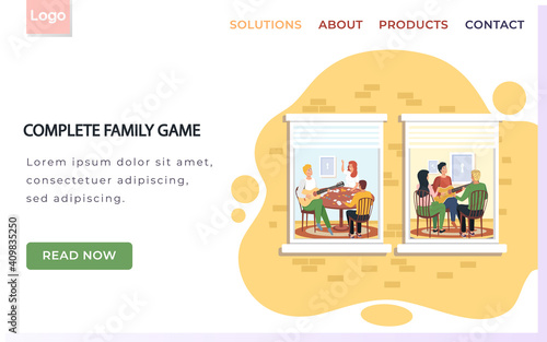 Complete family game landing page template with group of people sing songs and play guitar sitting at table in apartment. Group of friends relax, sing songs, playing musical instruments stay at home