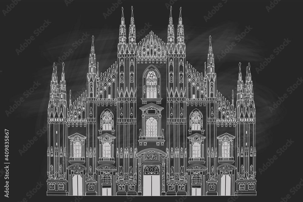 Vector sketch of Duomo cathedral in Milan, Italy. Retro style.