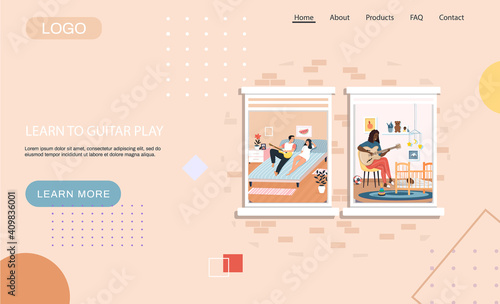 Learn to guitar play landing page template with young people are passionate about music and singing songs Man playing guitar lies at home on bed with girl resting, mom sings lullaby for baby in crib