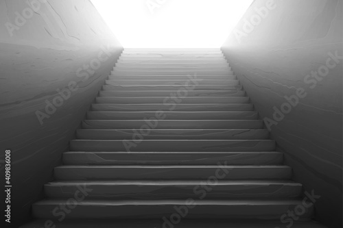 Old staircase with broken concrete steps, scratches on wall and white light on top. Vector realistic interior with empty stone stair rising from tunnel. Concept of hard career growth, future success