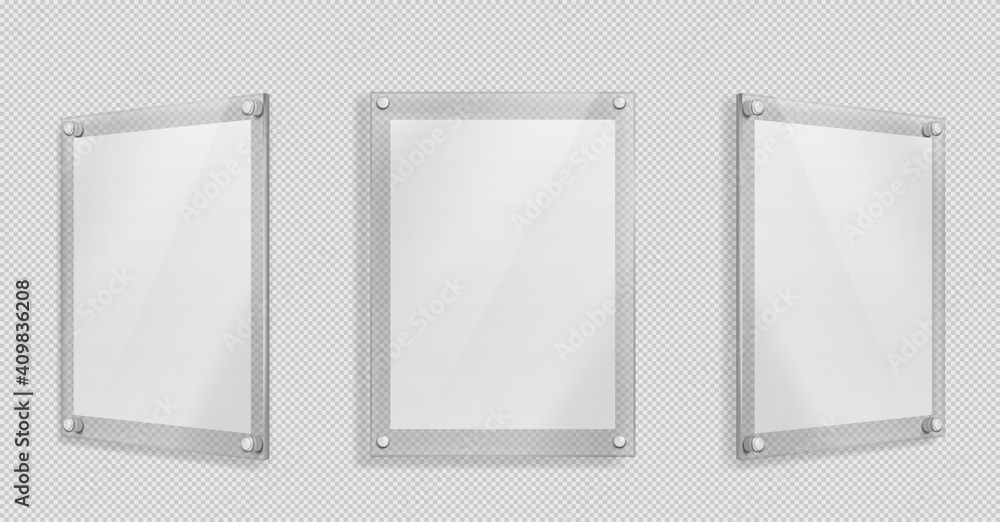 Acrylic poster, blank glass frame hang on wall isolated on transparent background. Empty photo frame template, rectangular name plate, plexiglass banner, holder mockup Realistic 3d vector illustration Acrylic poster, blank glass frame hang on wall isolated on transparent background. Empty photo frame template, rectangular name plate, plexiglass banner, holder mockup Realistic 3d vector illustration