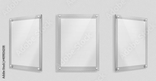 Acrylic poster, blank glass frame hang on wall isolated on transparent background. Empty photo frame template, rectangular name plate, plexiglass banner, holder mockup Realistic 3d vector illustration