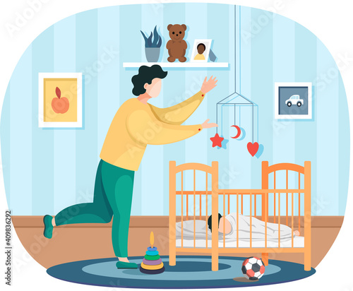 Father sings lullaby put to bed child in baby crib. Healthy baby, happy family, maternity leave and glad motherhood. Young man spend time at home with his infant in childrens room in evening at home