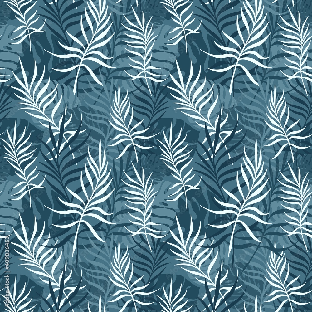 BLUE BACKGROUND WITH PALM AND MONSTERA LEAVES BLUE BACKGROUND WITH PALM AND MONSTERA LEAVES