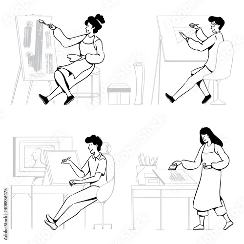 People doodles artists at work collection