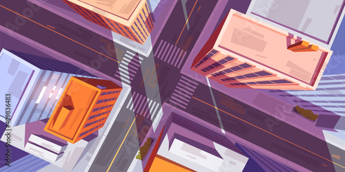 City top view with buildings and car road intersection with pedestrian crosswalk. Vector cartoon illustration of cityscape in aerial view, street crossroad, sidewalk and roofs of urban houses