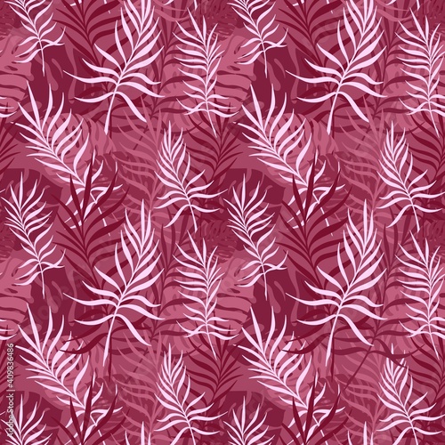 Wallpaper Mural CRIMSON BACKGROUND WITH PALM AND MONSTERA LEAVES Torontodigital.ca