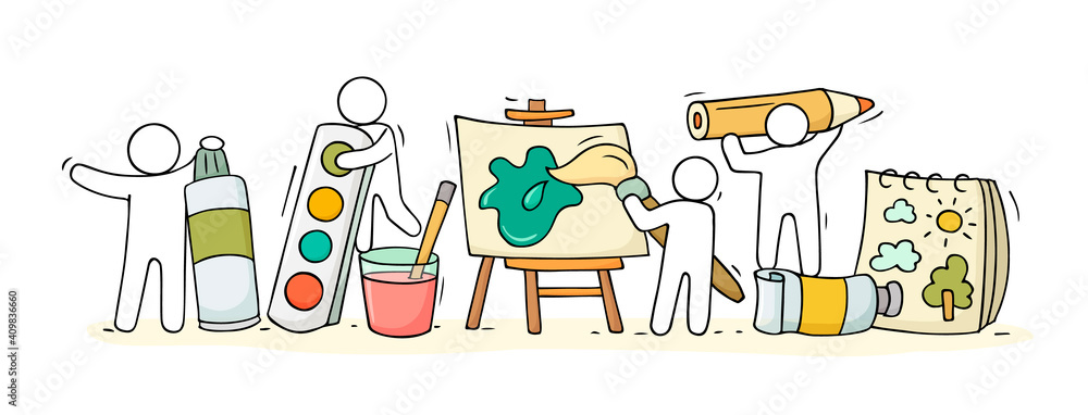Sketch of art class with working little people Sketch of art class with working little people
