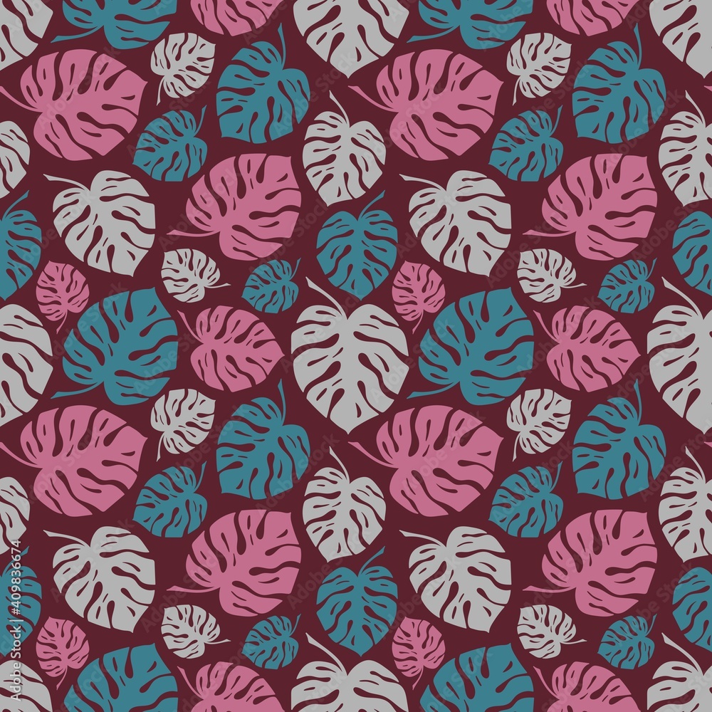 PINK BACKGROUND WITH COLORFUL MONSTERA LEAVES PINK BACKGROUND WITH COLORFUL MONSTERA LEAVES