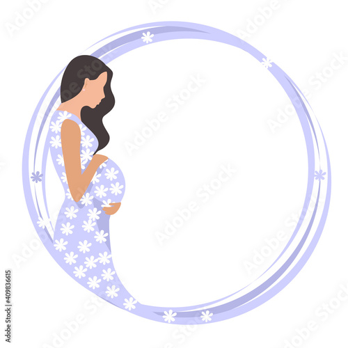 Beautiful and happy pregnant woman in a gray dress with white flowers in a round frame. The happiness of motherhood. Vector illustration.