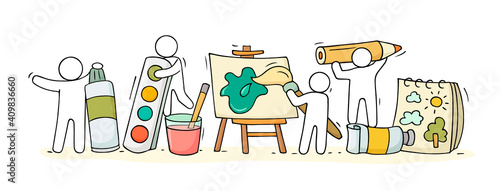 Sketch of art class with working little people