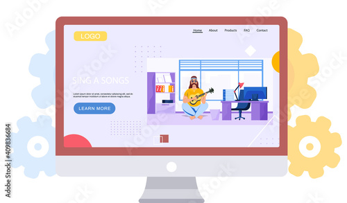 Sing a songs landing page template, man hipster with guitar sitting on floor at workplace in office, musician guitarists hobby. Bearded guy with stringed musical instrument, singer in classroom