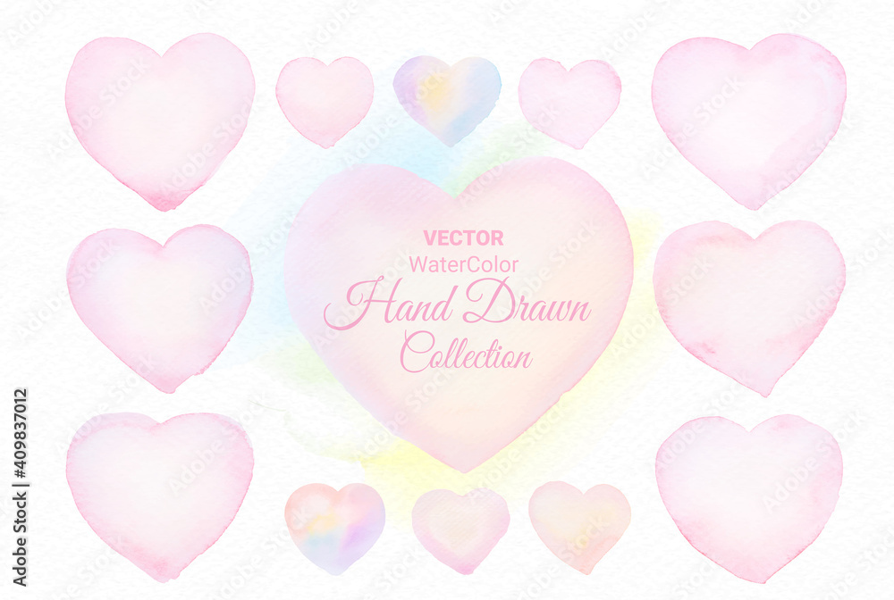 Collection Heart shape Watercolor brush paint pastel on white paper texture background for love wedding or valentines day