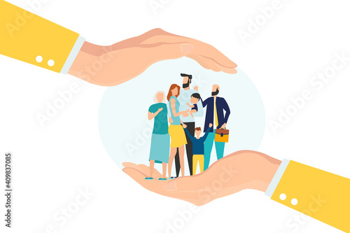 Family safety, life insurance or protection concept, lovely family holding hands, parent with children in helping hand, palm with other hand covering from above for shelter and protection.