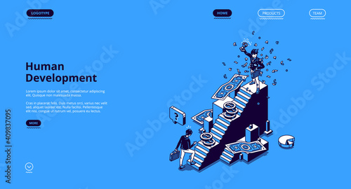 Human development banner. Concept of self build business career, personal growth, professional success. Vector landing page with isometric people on different steps of stair