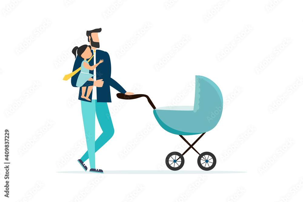 vector illustration of happy family, father with daughter and stroller, full vector of happy family