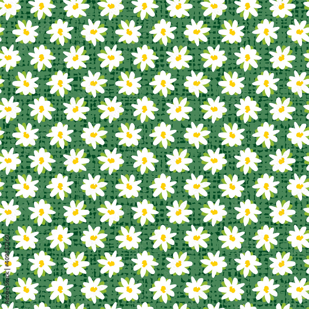 Vector green rows of fun daisy flowers repeat pattern with canvas background. Suitable for textile, gift wrap and wallpaper.