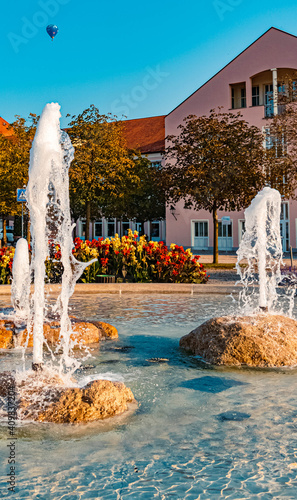 Beautiful summer view with a water fountain at Therme Bad Griesbach, Bavaria, Germany